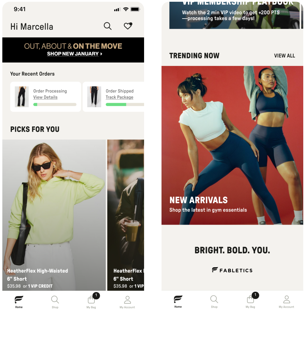 Fabletics Native App Homepage Screens